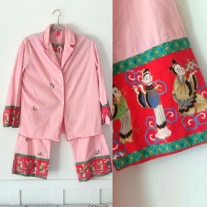 vtg JOSIE NATORI Pink Cotton 2-pc Pajama Set Lounger w Asian Detail Sz Med